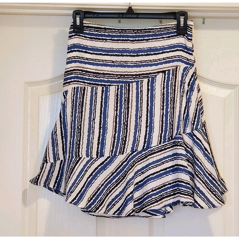 Ann Taylor LOFT Size 12 Blue White Black Gray Stripe Zip Ruffle Flared Skirt